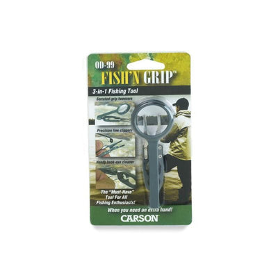 Carson Fish'n Grip 4.5x Magnifier with attached precision tweezers, hook cleaner and line cutter in packaging