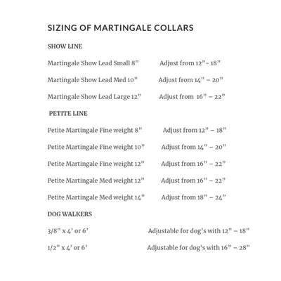Mendota Martingale Lead and Collar Combo Size Chart