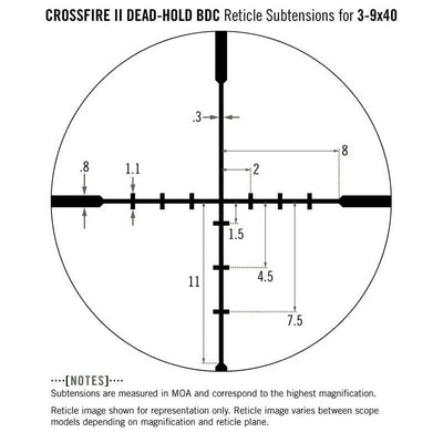 Vortex Crossfire II 3-9x40 Riflescope Dead-Hold BDC Reticle subtensions